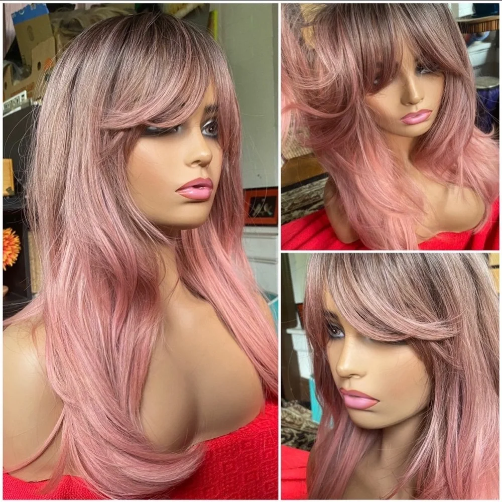 realistic ombré rooted sweet pink wig